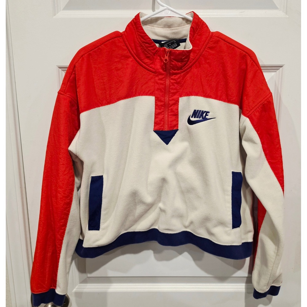Nike Pullover Jacket Womens Medium Red Cream Fleece Nylon Colorblock Sporty